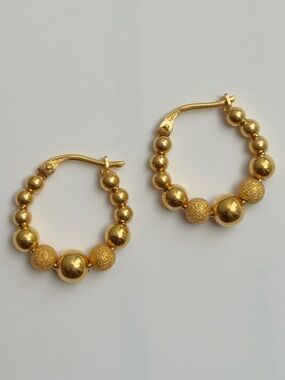 14k Vintage Textured Beaded Ball Hoop Earrings Yellow Gold